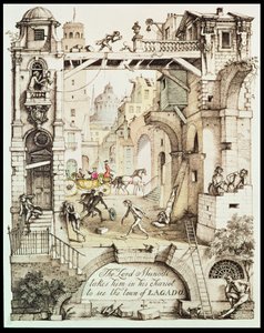 "Lord Munodi tar honom i sin vagn för att se staden Lagado", illustration från "Gullivers resor" av Jonathan Swift (1667-1745).